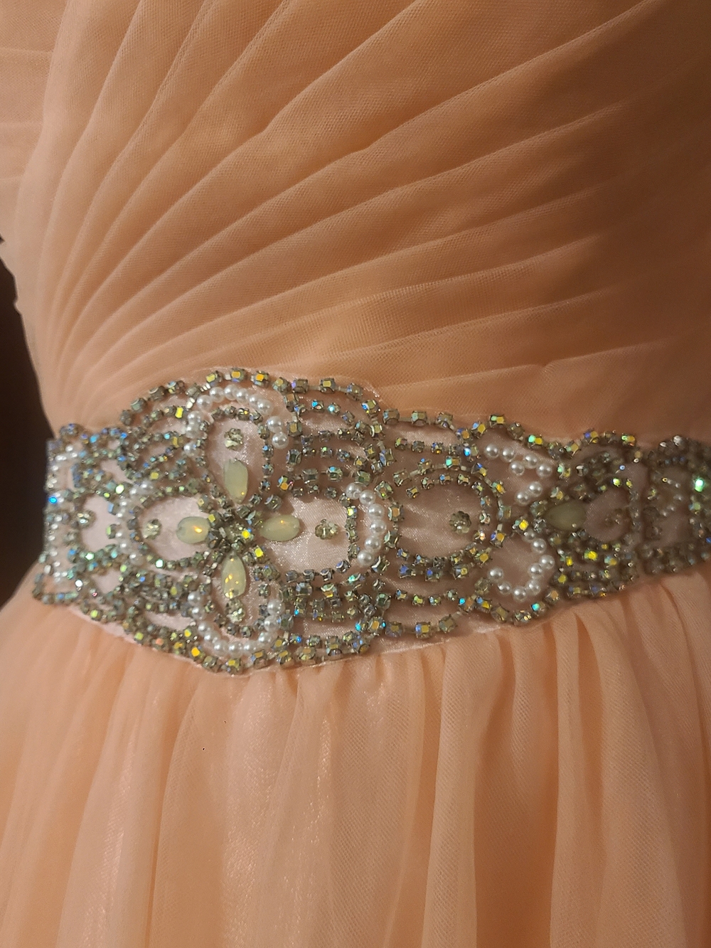 Strapless Peach Chiffon Dress with Beaded Waist